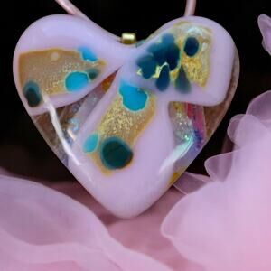 Pink Beauty Heart Pendant, Custom Glass Fused, Pink Metallic Leather Cord. 18"